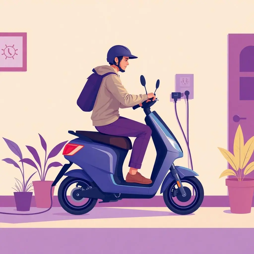 2wev-plug-and-play-BW2AoKQA Rider plugging an electric scooter into a household wall outlet