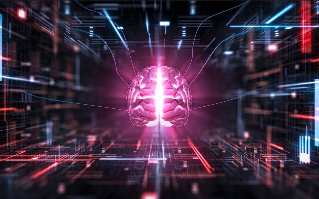 AI Consciousness illustration featuring a glowing pink and purple digital neural network shaped like a human brain