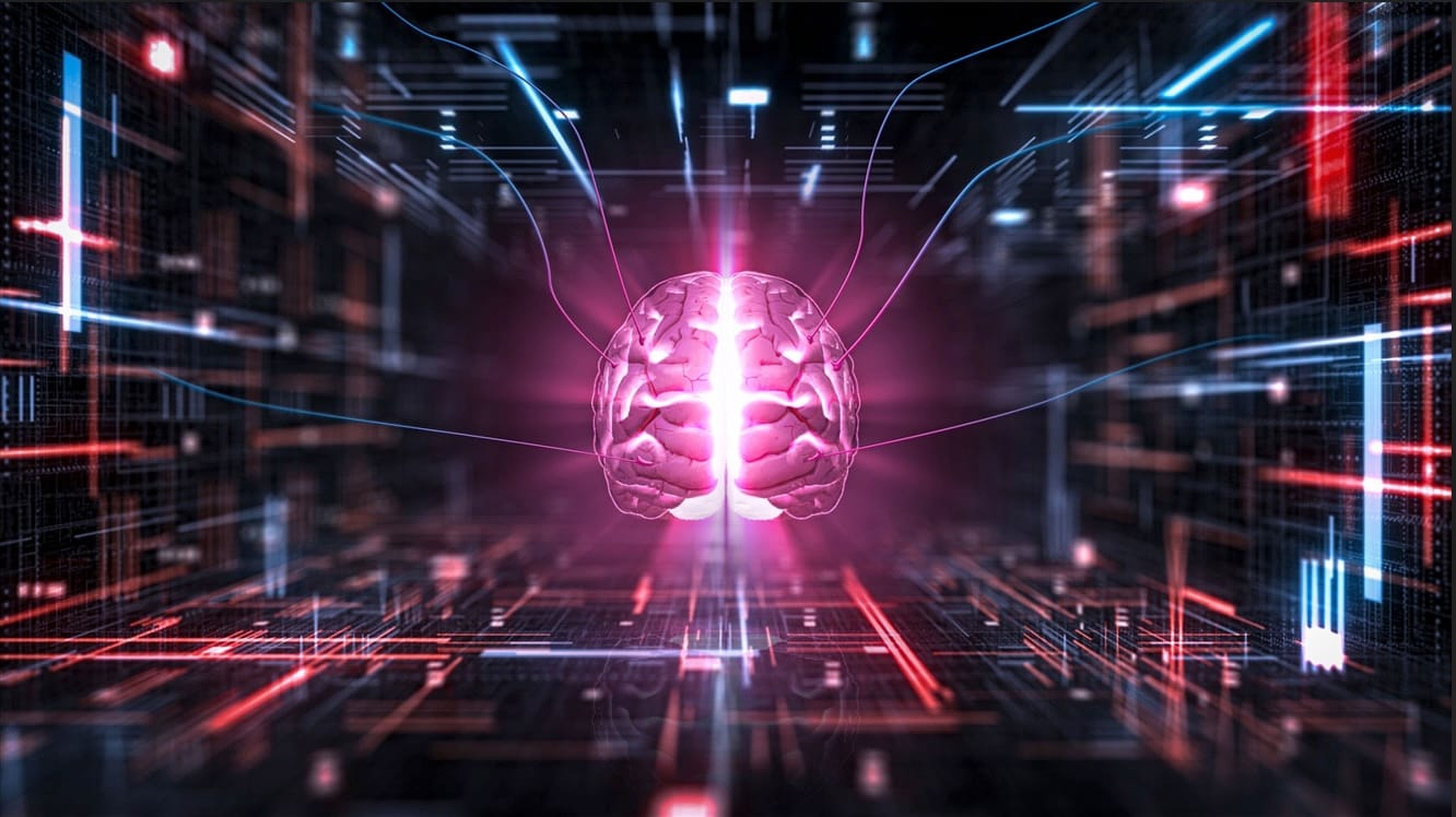 AI Consciousness illustration featuring a glowing pink and purple digital neural network shaped like a human brain