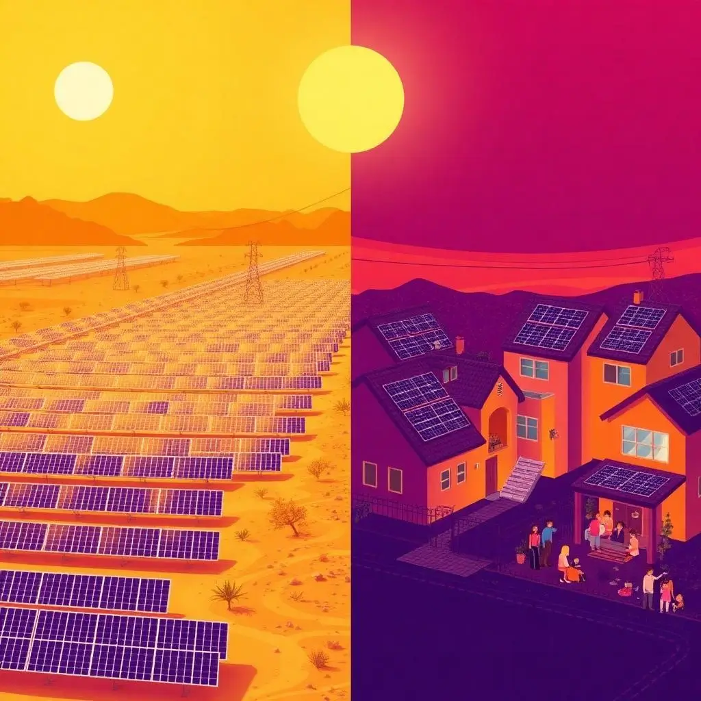 solar-corporate-vs-community-uIHfawPo Contrast between a massive corporate-owned desert utility solar farm and a vibrant community-owned rooftop solar array on homes