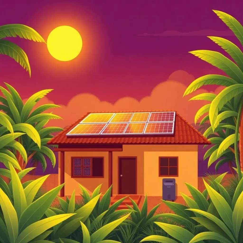 solar-home-simplified-BfkFYt1P A modest home with rooftop solar panels in a tropical setting